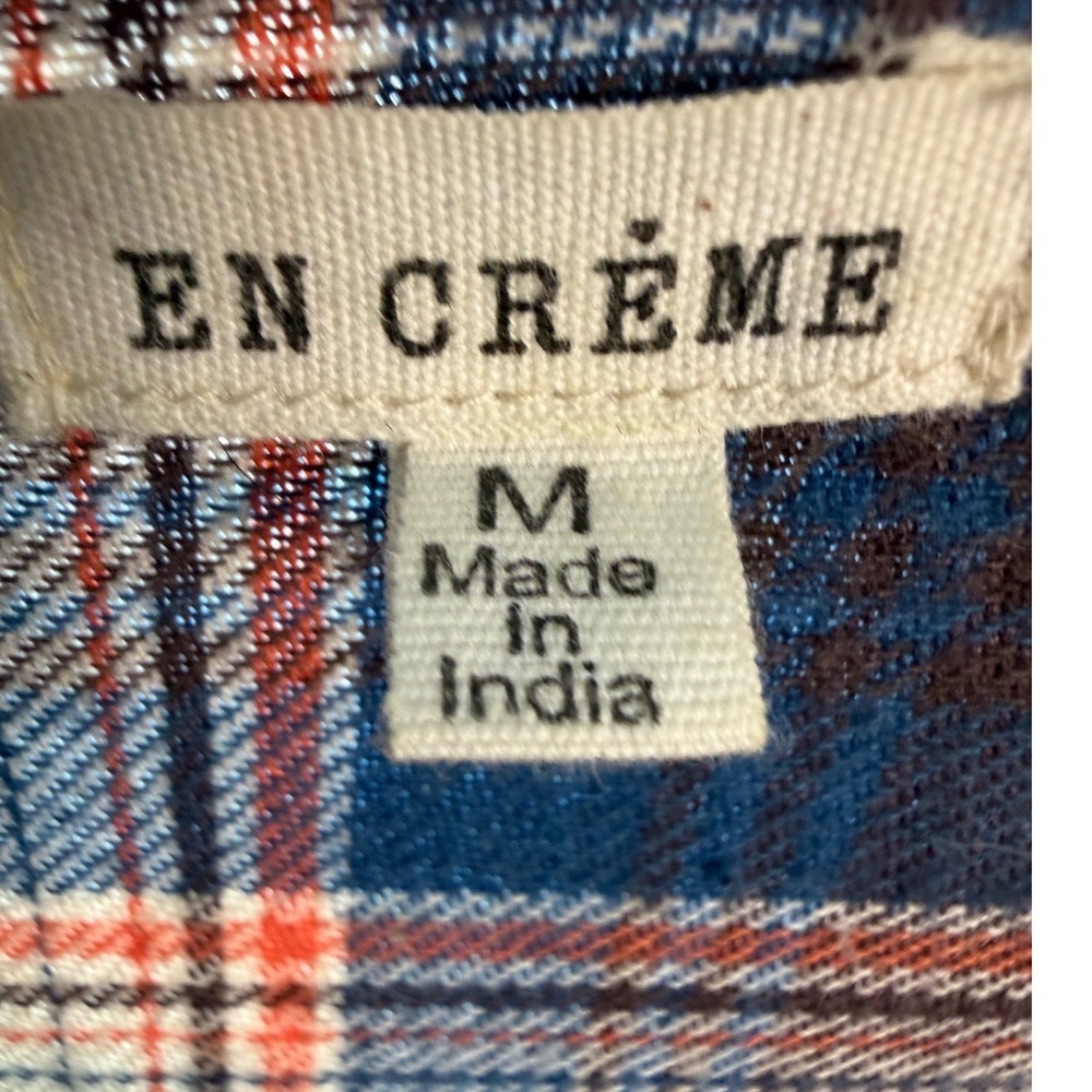 En Creme Medium Plaid Fringe Cardigan Waterfall Kimono Blue Cream Boho Western - Picture 4 of 11